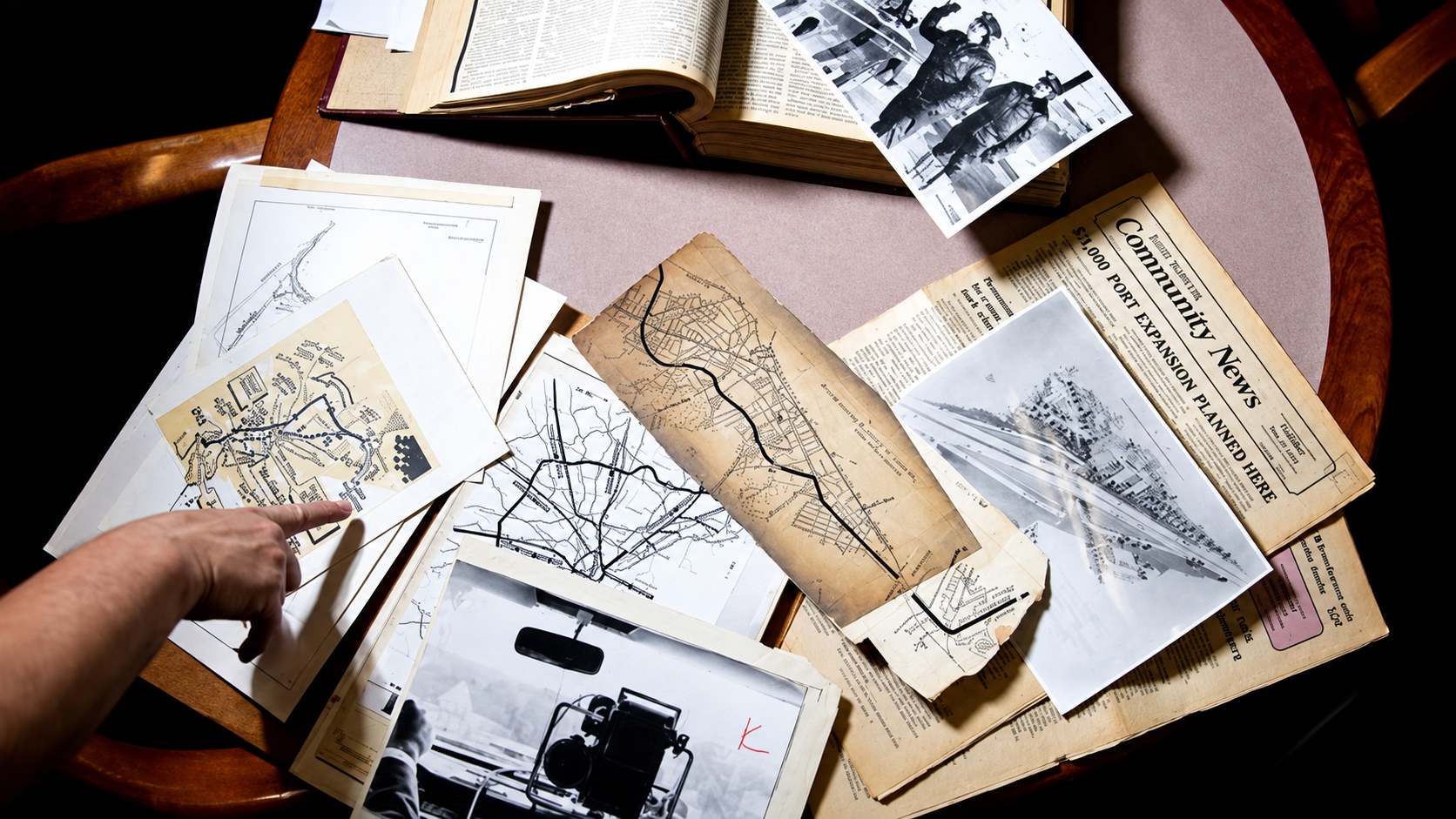 Historical maps, newspapers, photographs and printed volumes spread across a table during a research session.