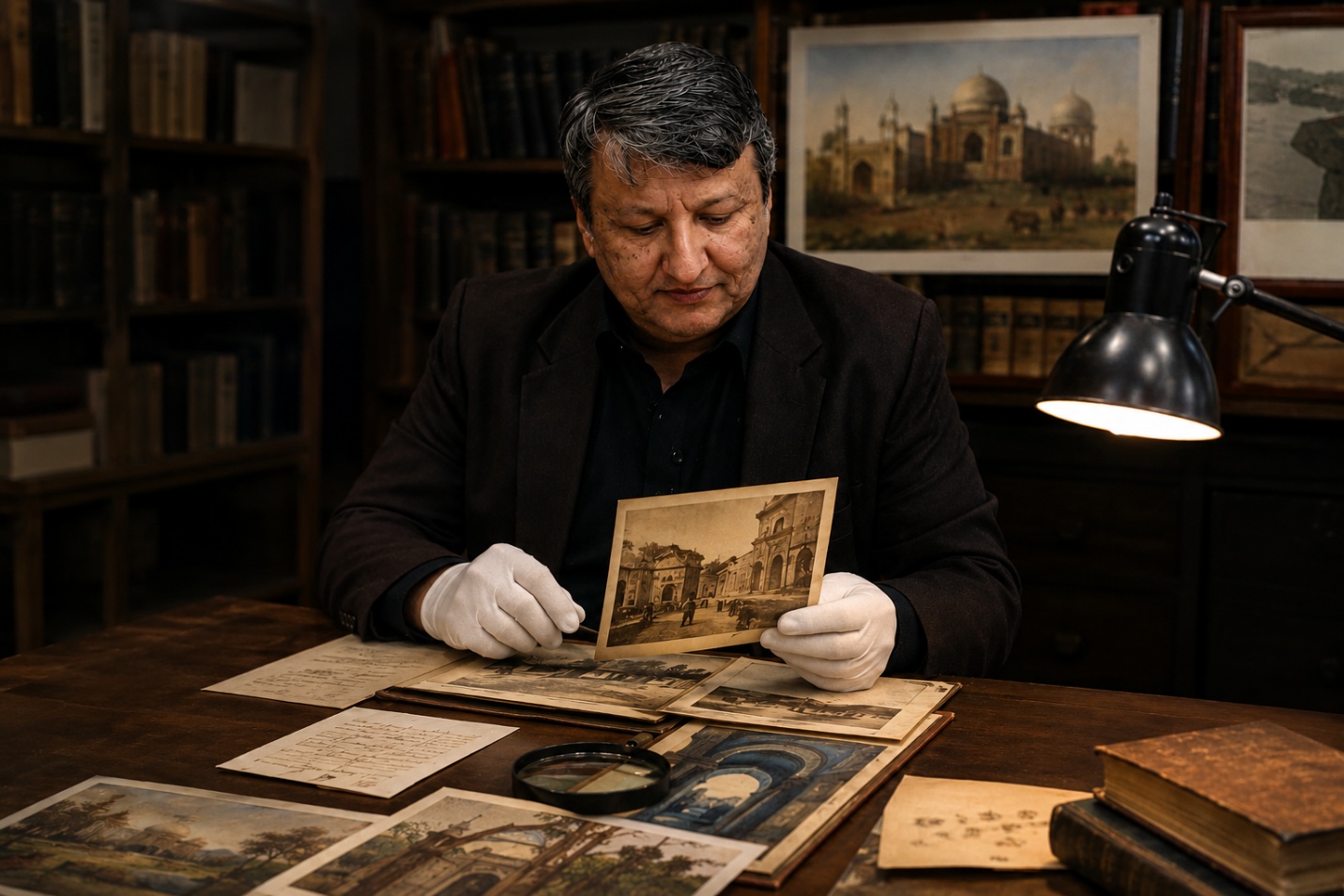 Dr. Nadeem Omar Tarar seated at a desk in a library, wearing white cotton gloves while examining a nineteenth-century architectural photograph.