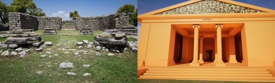 Left: the excavated stone remains of an ancient temple at Taxila. Right: a digital 3D reconstruction of the same columned temple.